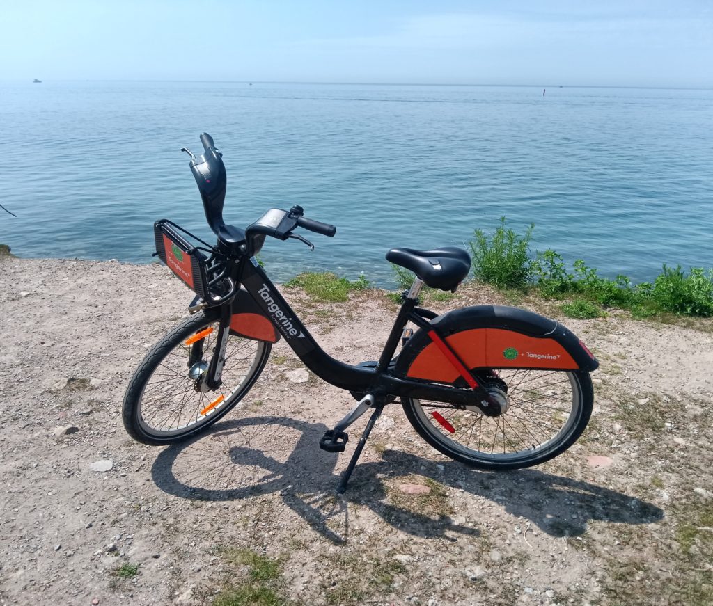 An orange bicycle stands at the top of a cliff in front of a lake.